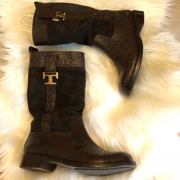 Tory Burch Corey Leather Mid Calf Dark Brown Boots - Picture 4 of 8